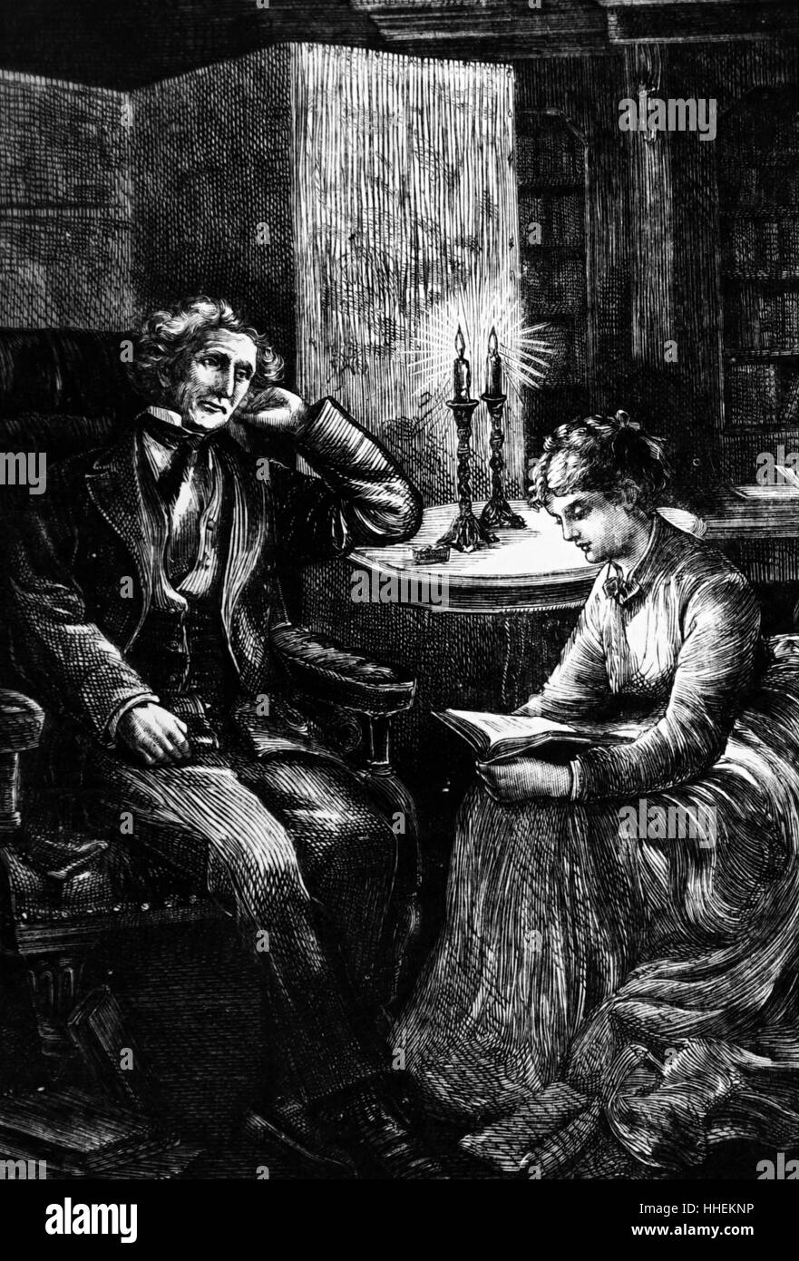 Illustration représentant une fille à son père la lecture à la chandelle. En date du 19e siècle Banque D'Images