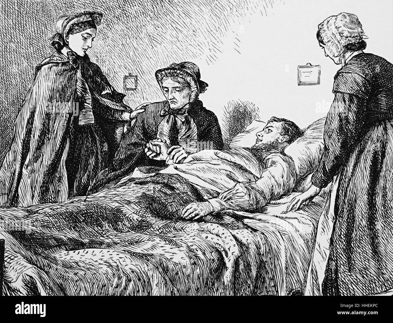 Illustration représentant un ex-mère et fils réconciliés dans un hôpital après que son fils est devenu un amputé à la suite d'un accident. Illustré par Robert Barnes (1864-1875). En date du 19e siècle Banque D'Images