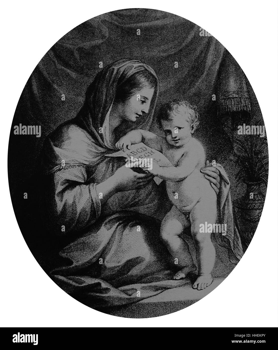 Gravure représentant une mère de son enfant l'enseignement par Francesco Bartolozzi (1727-1815) un graveur italien. En date du 18e siècle Banque D'Images