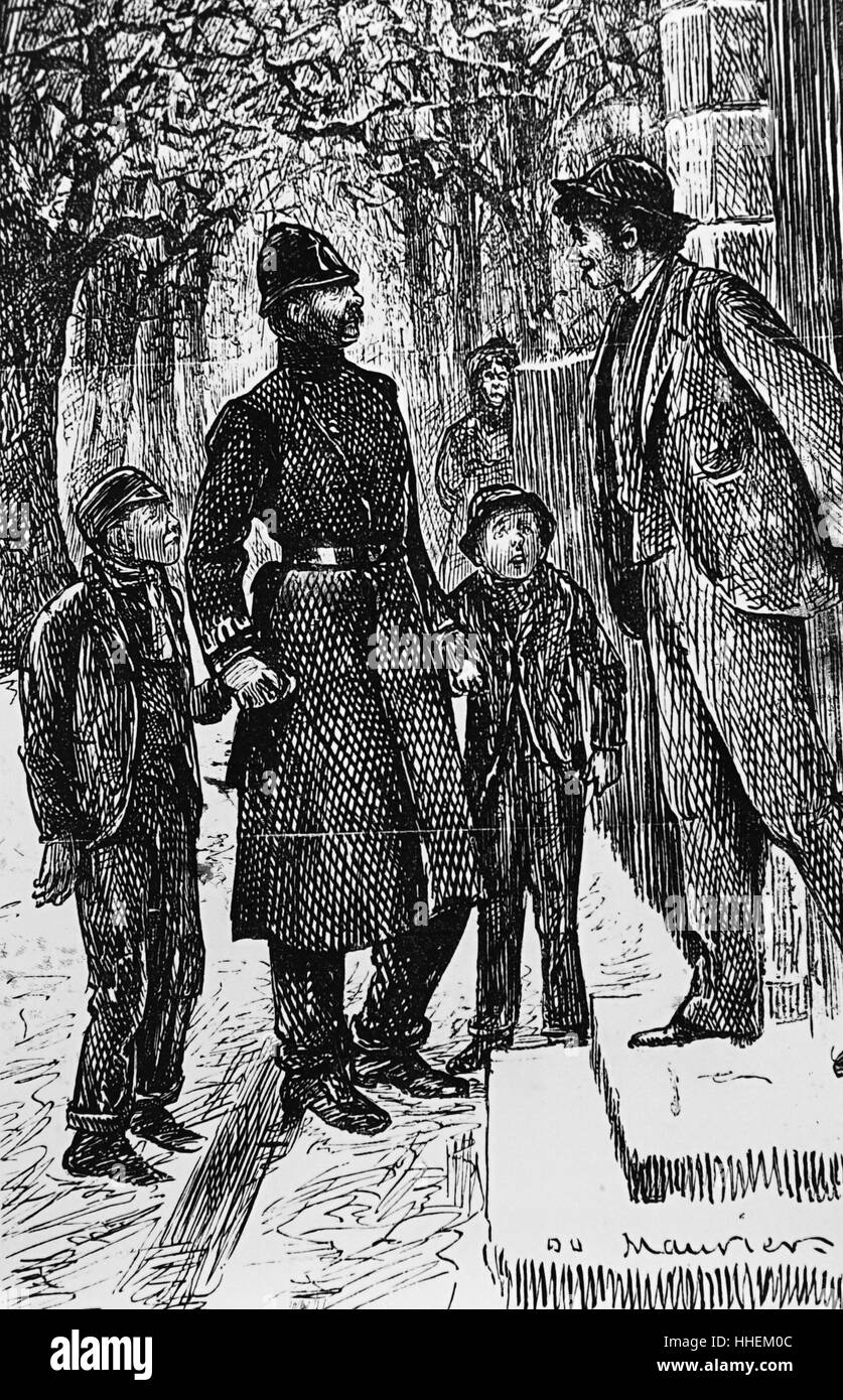 Illustration d'un policier Londres présentant deux Arabes de la rue à l'homme en face de la porte dont ils ont été faire un glisser sur la glace. Illustré par George du Maurier (1834-1896), un caricaturiste franco-britannique et l'auteur. En date du 19e siècle Banque D'Images
