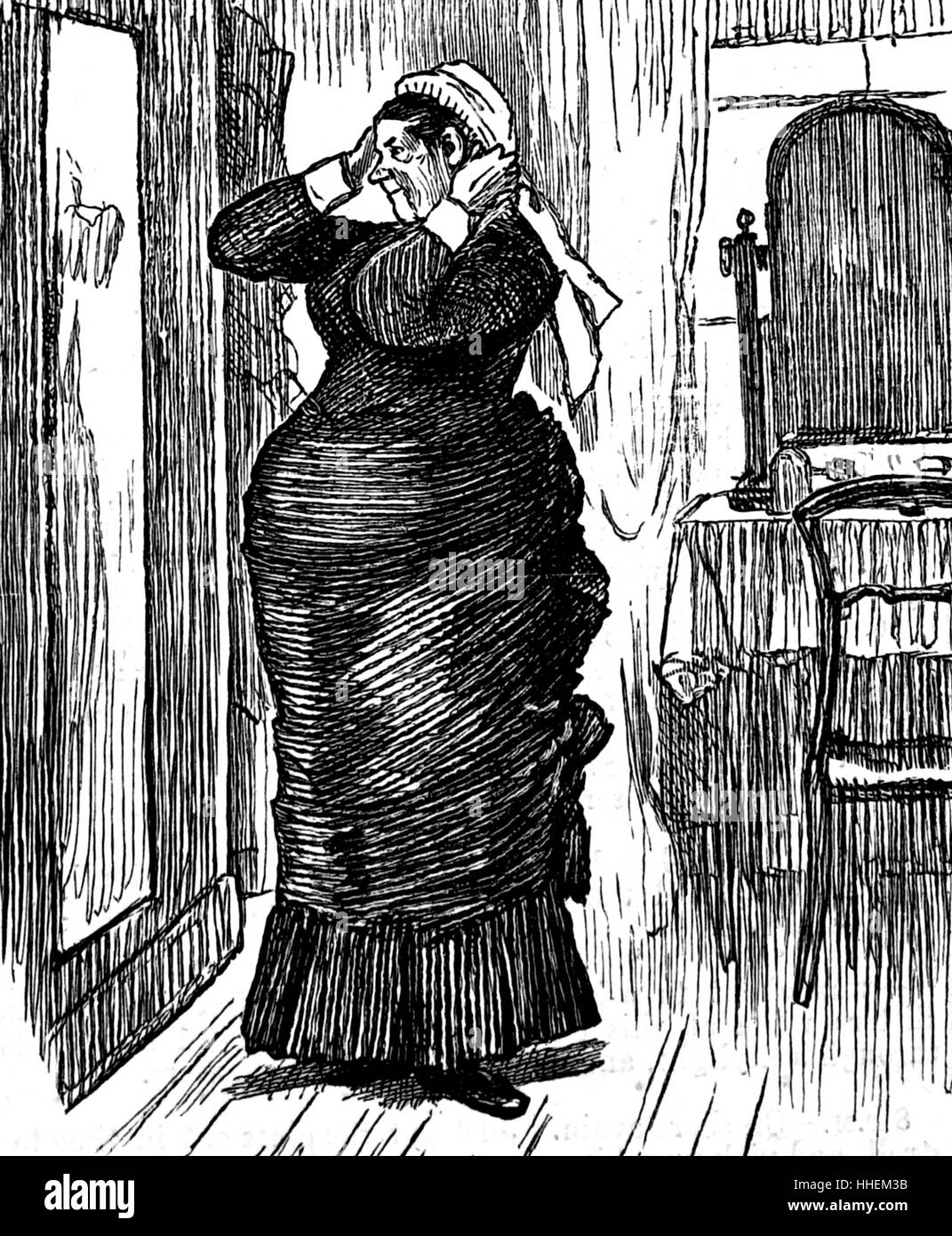Caricature montrant une femme aux formes généreuses s'habiller. En date du 19e siècle Banque D'Images