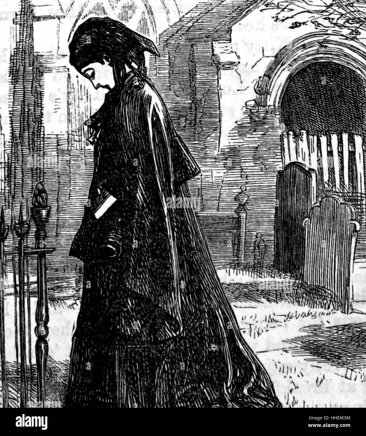 Illustration d'une femme en deuil marche à travers un cimetière. En date du 19e siècle Banque D'Images
