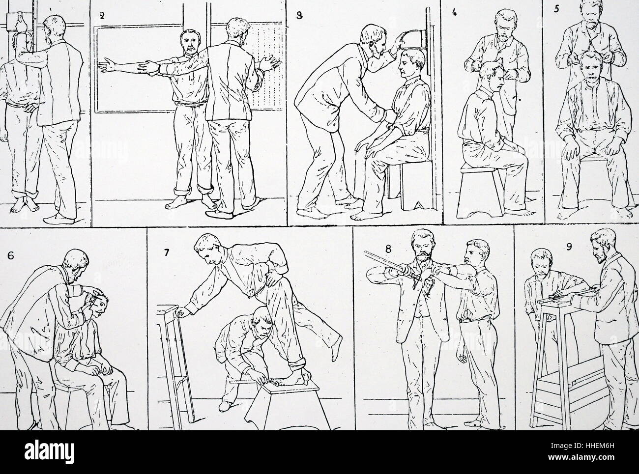 'Illustration' bertillonnage qui était à l'origine, un système d'identification des criminels faisant usage de mesures anthropométriques - y compris la taille de la tête, bras étendus, cicatrices, particularités et autres. Nommé d'après l'inventeur Alphonse Bertillon (1853-1914) un agent de la police française et de la biométrie chercheur. En date du 19e siècle Banque D'Images