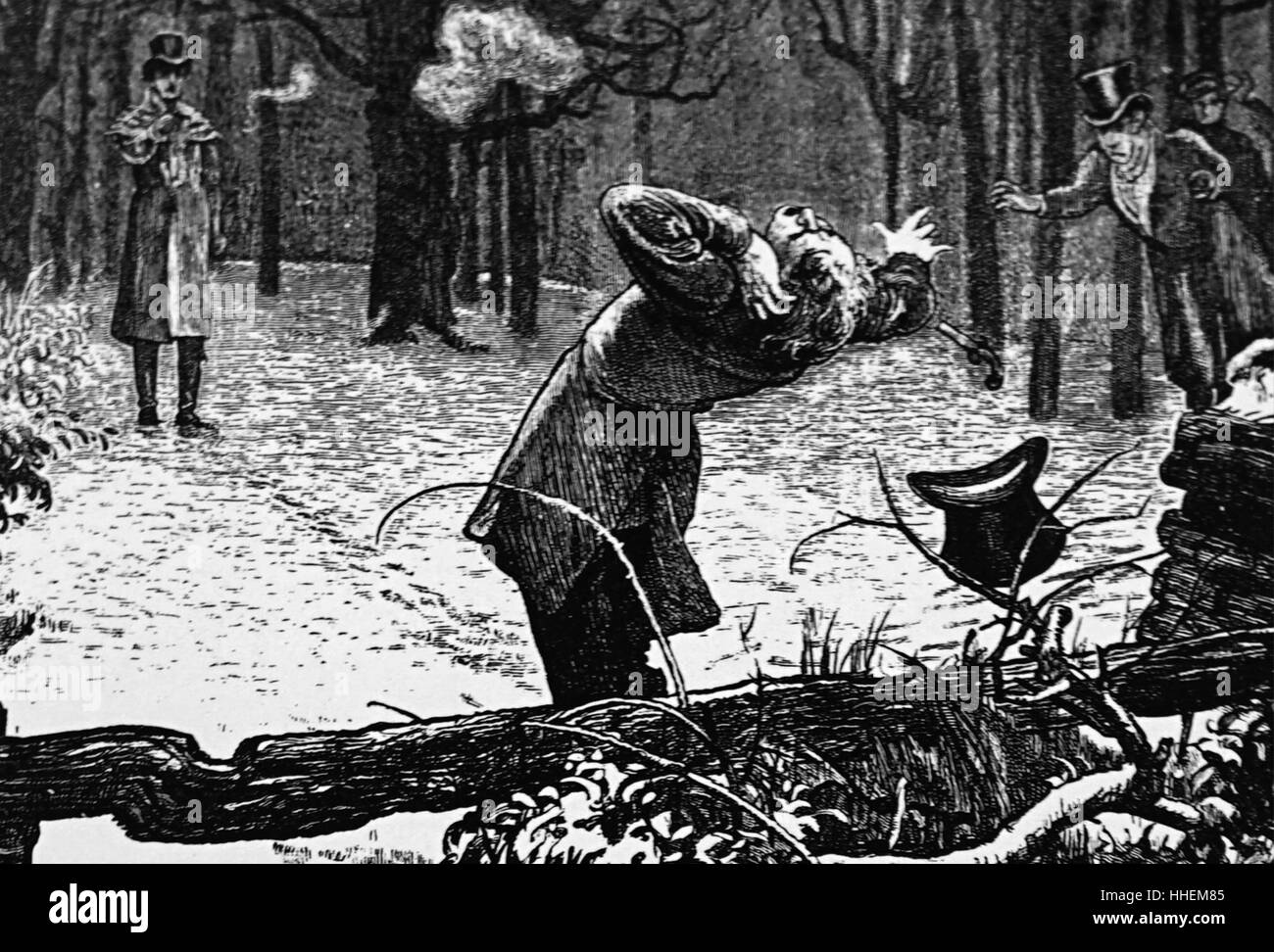 Illustration représentant un duelliste blessant son adversaire dans l'oreille. Illustré par Marcus Stone (1840-1921) un peintre et illustrateur français. En date du 19e siècle Banque D'Images