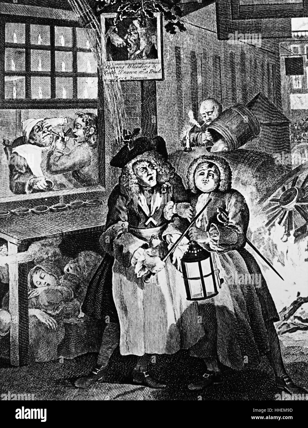 Gravure intitulée "nuit" par William Hogarth (1697-1764) montrant deux ivrognes balancent leur chemin de la maison, aidé par la lumière d'une lanterne. En date du 18e siècle Banque D'Images