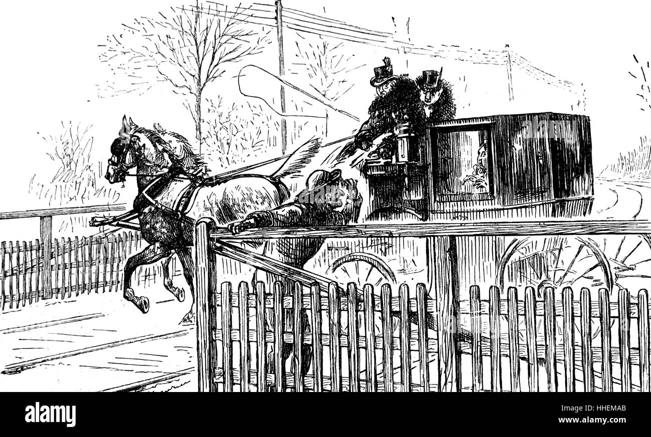 Caricature représentant un cheval et un chariot roulant dans les rues de Londres avec un riche passager. En date du 19e siècle Banque D'Images