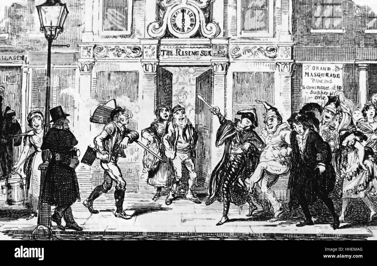 Illustration représentant une scène de rue de Londres avec la bohème de retour à la maison comme les classes ouvrières commencent leur journée de travail. Illustré par George Cruikshank (1792 à 1878) un caricaturiste britannique et illustrateur de livres. En date du 19e siècle Banque D'Images