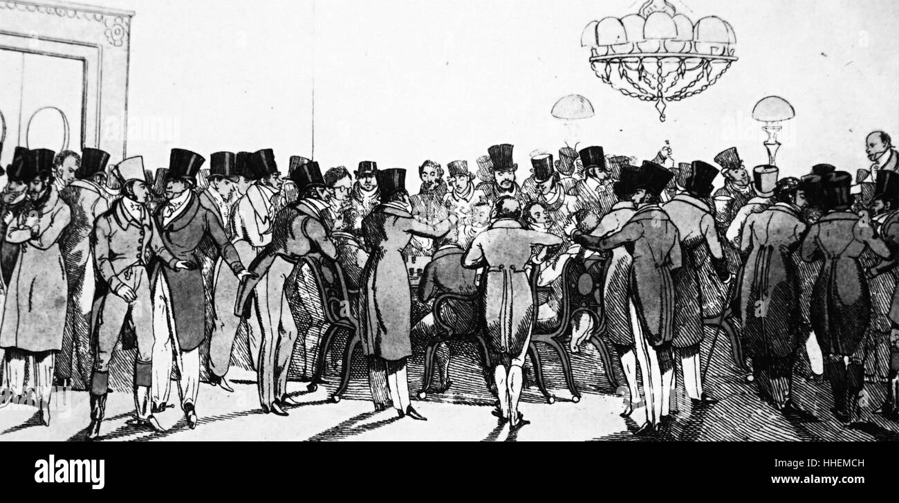 Illustration intitulée 'un des jeux de l 'enfer' : 'les hommes portant des chapeaux de castor". Illustré par Henry Thomas Alken (1785-1851) un peintre et graveur français. En date du 19e siècle Banque D'Images