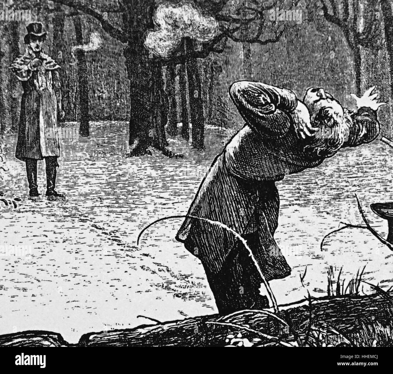 Illustration représentant un duelliste blessant son adversaire dans l'oreille. Illustré par Marcus Stone (1840-1921) un peintre et illustrateur français. En date du 19e siècle Banque D'Images