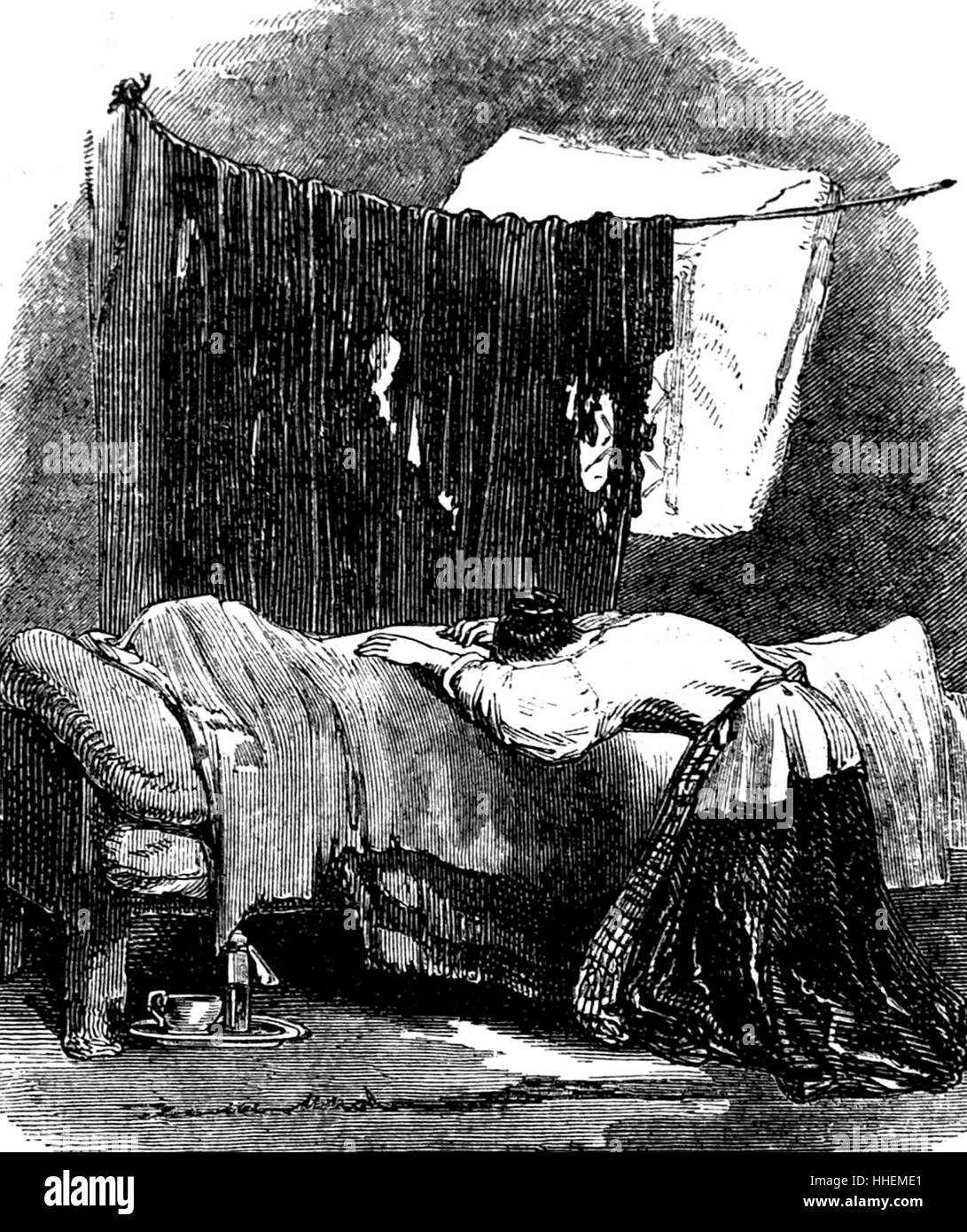 Illustration représentant une femme en deuil un pouilleux de mort. En date du 19e siècle Banque D'Images