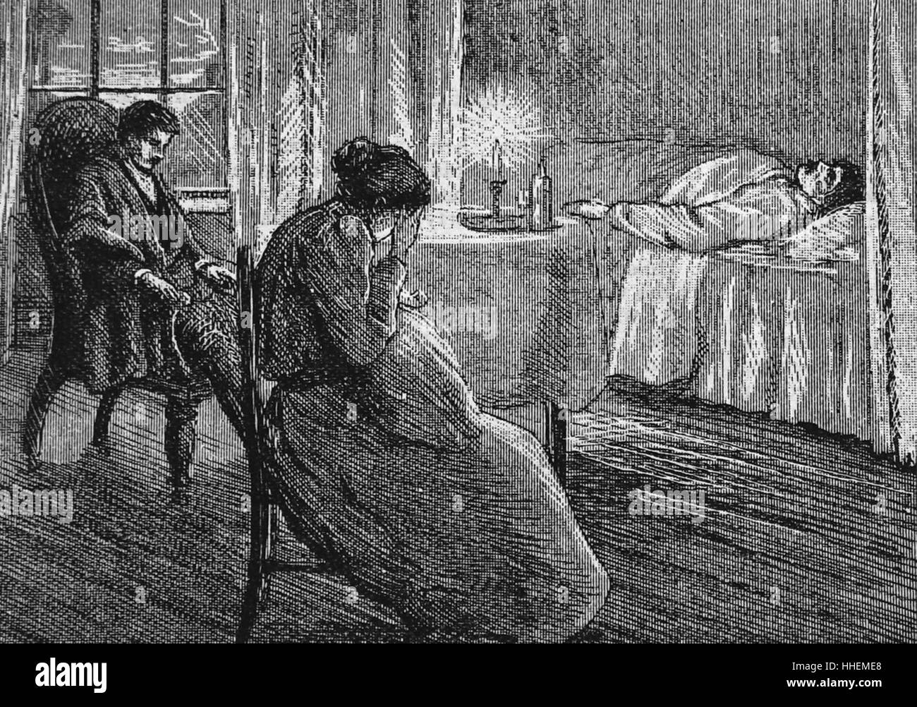 Illustration représentant une fille et mon gendre à son père mort. En date du 19e siècle. Banque D'Images