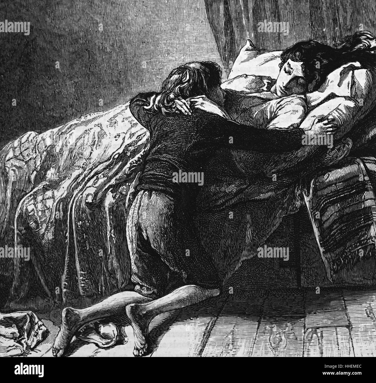 Illustration représentant un fils autour du lit de mort de sa mère. Illustré par Mary Gow (1851-1929) un anglais-coloriste de l'eau et de l'illustrateur. En date du 19e siècle Banque D'Images