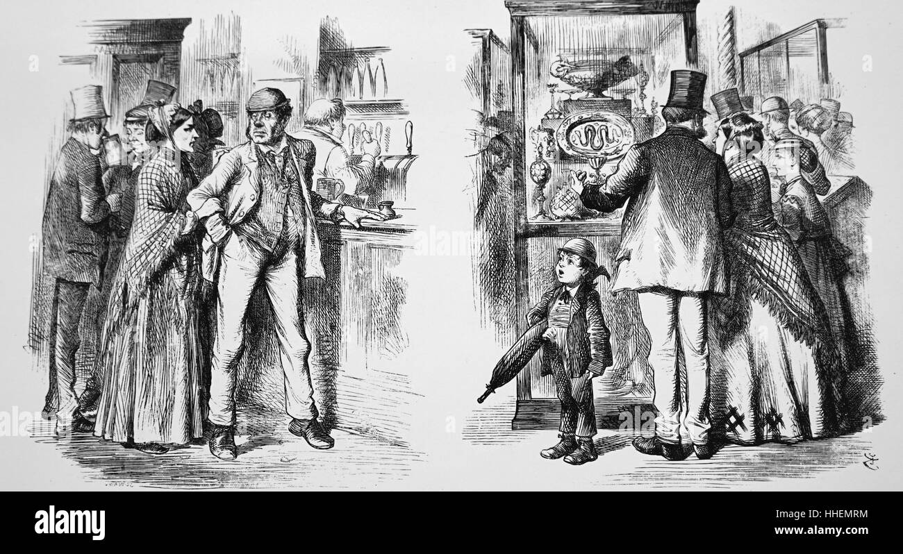 Caricature en faisant valoir que le travailleur serait beaucoup mieux servi par la Chambre pour le public (South Kensington Museum) que par le Public House. Caricature de John Tenniel (1820-1914), un illustrateur anglais, graphique, humoriste et caricaturiste politique. En date du 19e siècle Banque D'Images