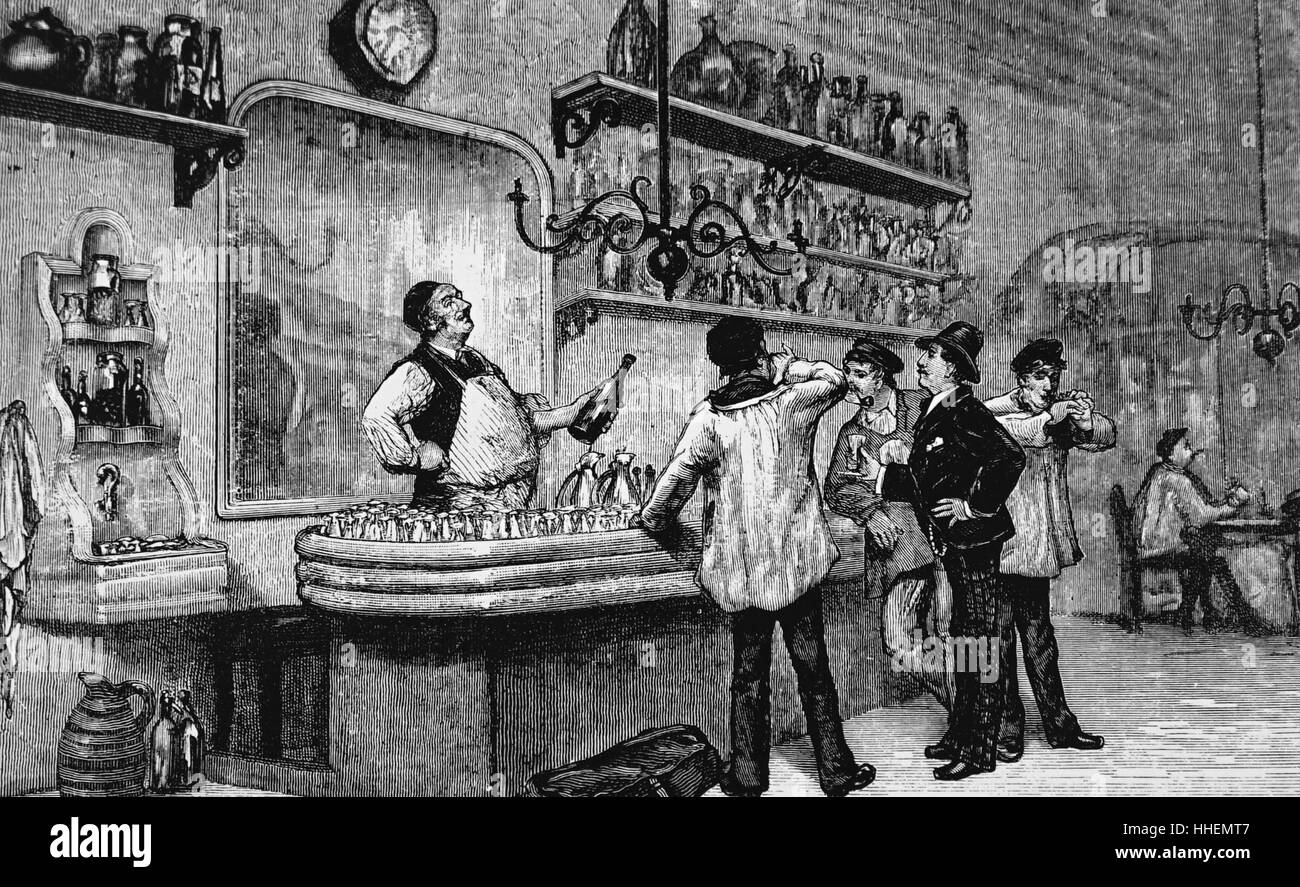Illustration montrant l'intérieur d'un bar Français. En date du 19e