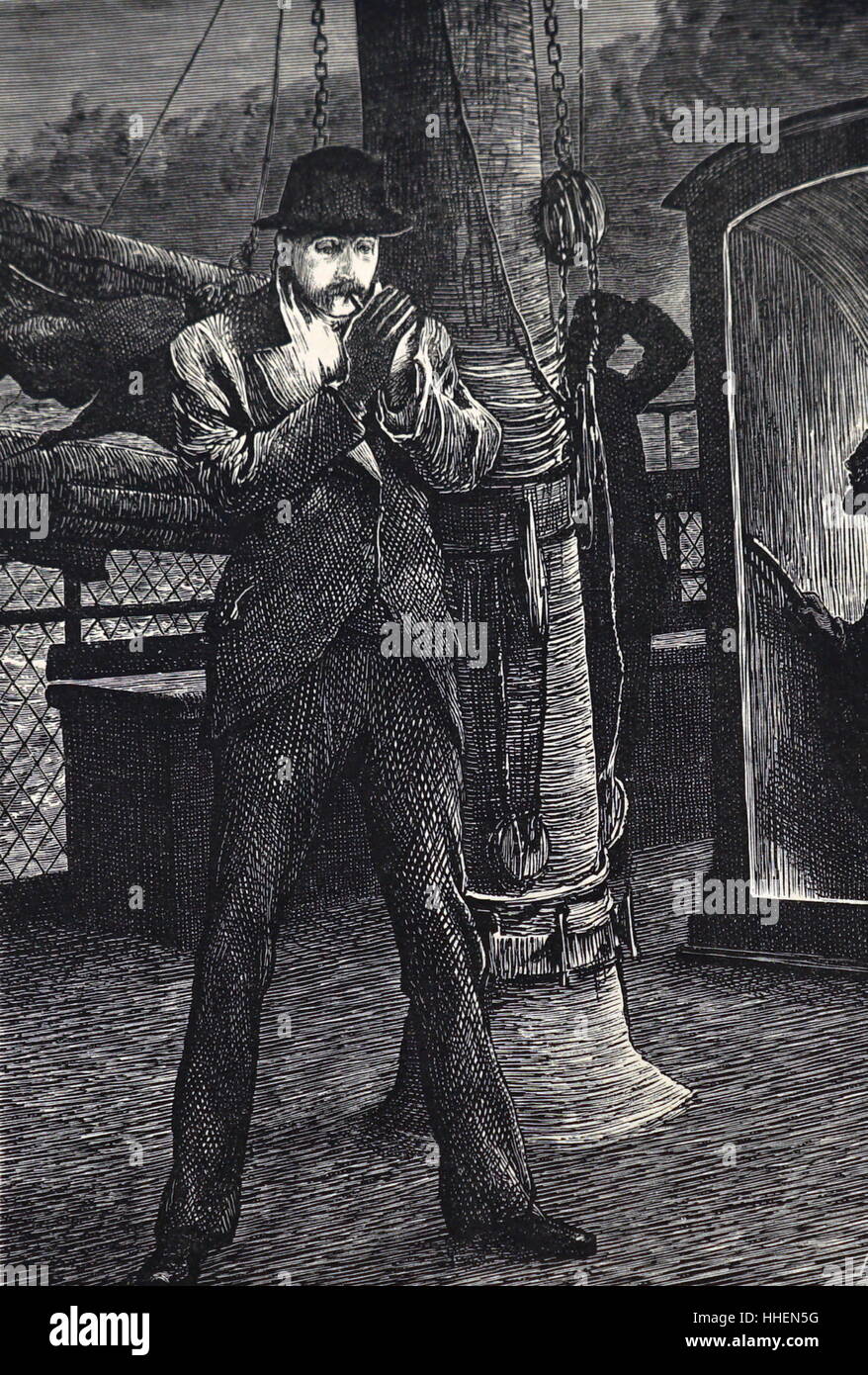 Illustration représentant une maison de plaisance, un homme est d'avoir un cigare sur la terrasse après le dîner. En date du 19e siècle Banque D'Images