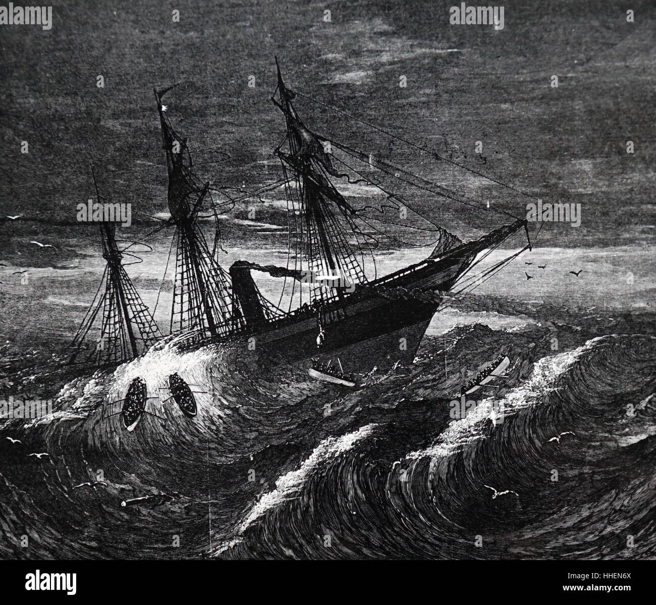 Illustration représentant le 'Hibernin', puisqu'elle commence à couler. Les membres de l'équipage parviennent à se sortir de l'épave par l'utilisation des canots. En date du 19e siècle Banque D'Images