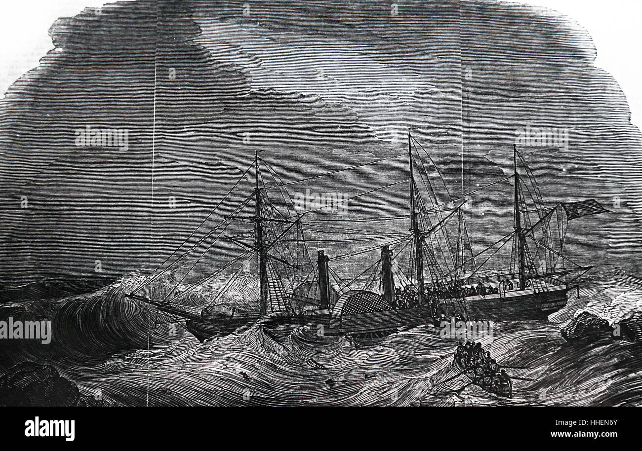 Illustration représentant la perte du vapeur la 'grande' Liverpool près du cap Finistère. En date du 19e siècle Banque D'Images