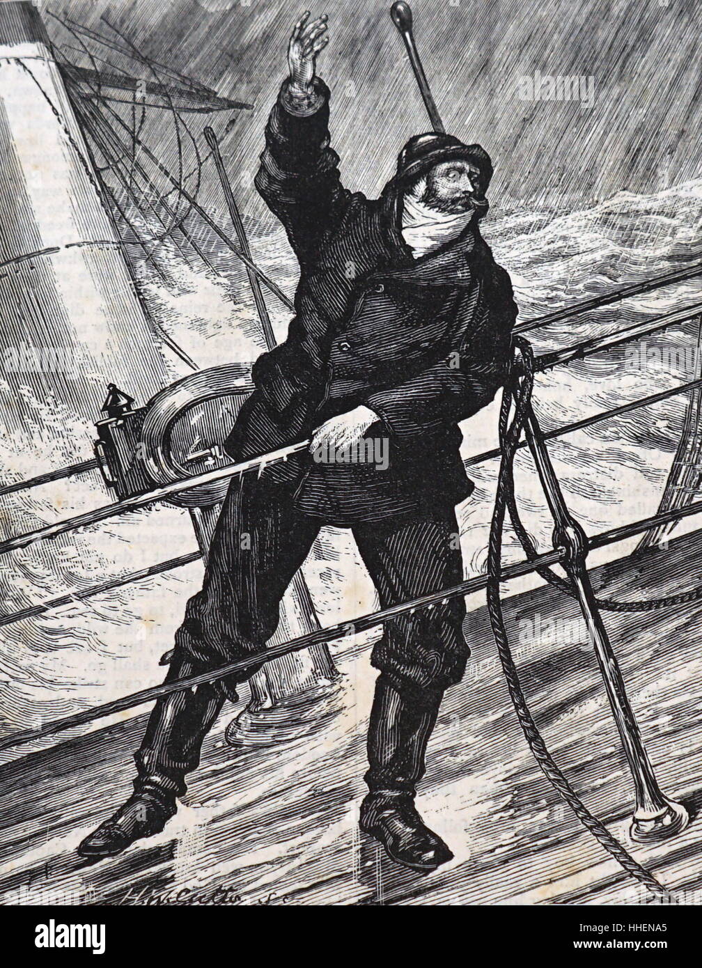Illustration intitulée 'Abaisser l'embarcation' représentant un homme criant au cours d'une tempête fait rage. En date du 19e siècle Banque D'Images