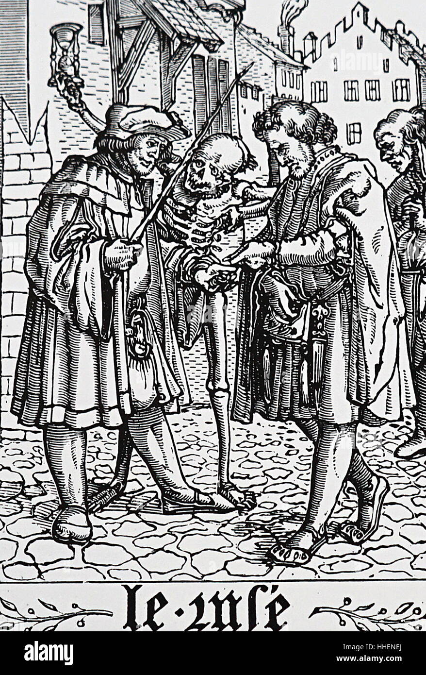 Illustration montrant le trickster d'être visité par la mort. En date du 16e siècle Banque D'Images