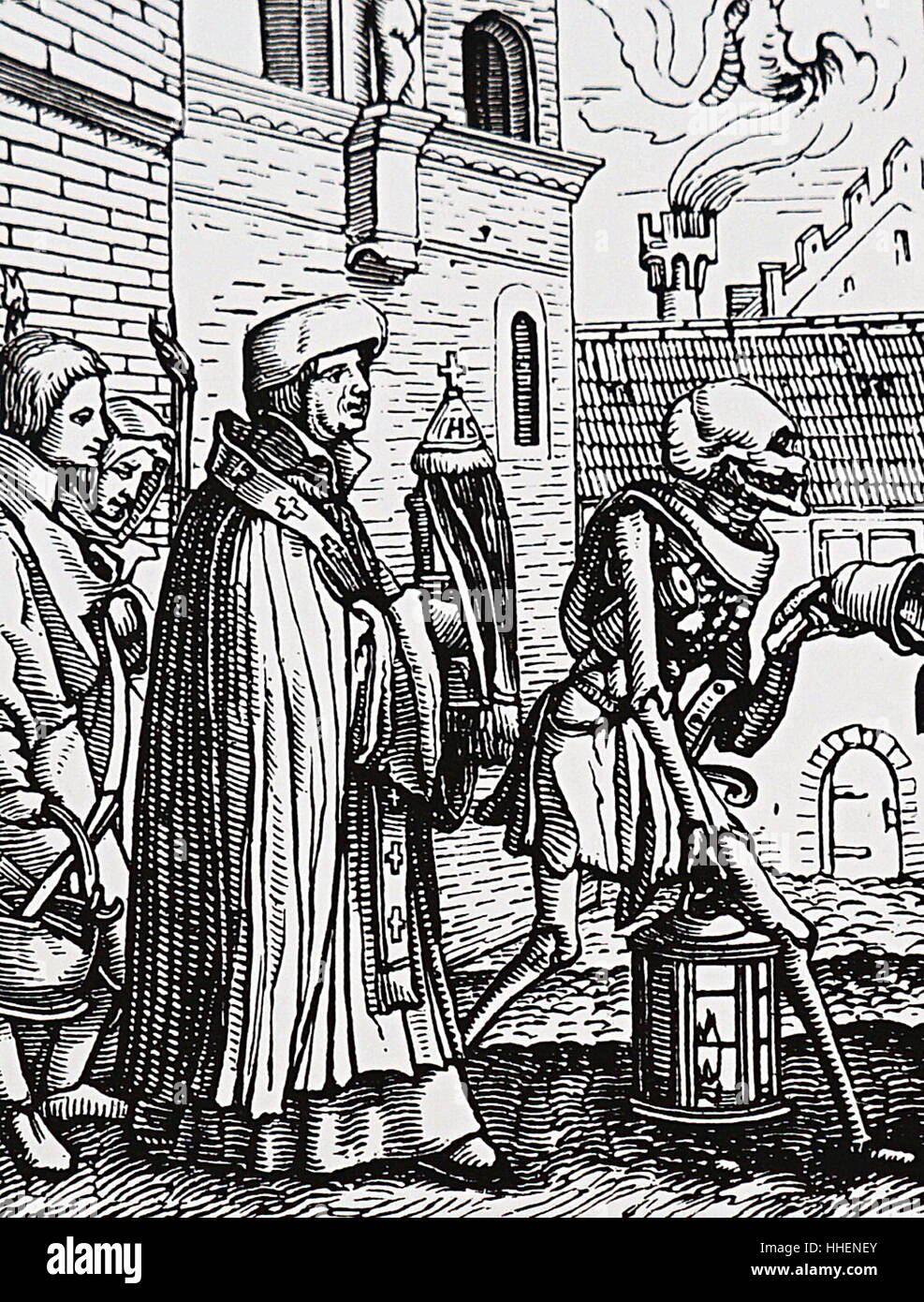 Illustration représentant le Curé d'être visité par la mort. En date du 16e siècle Banque D'Images