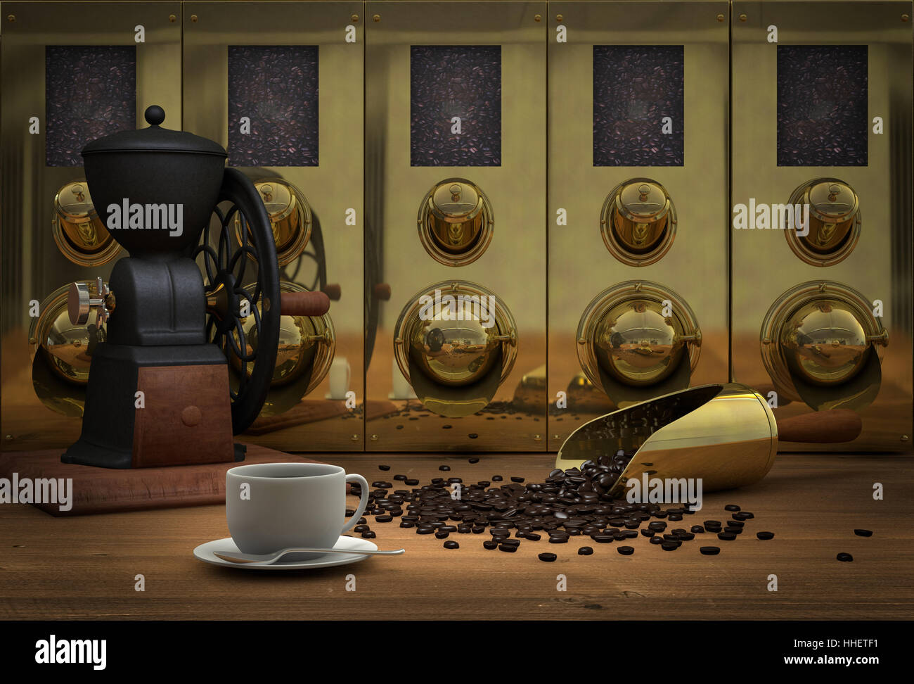 Du café, du grain de café, laiton, retro, scoop, silos, moulin à café, café en grains, Banque D'Images