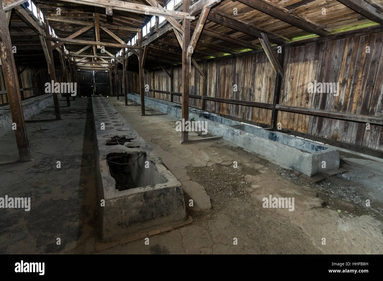 Intérieur d'une cabane en bois l'une des rares femmes survivant coucher y compris le reste des toilettes à Auschwitz-Birkenau près de Oswie 11 Banque D'Images