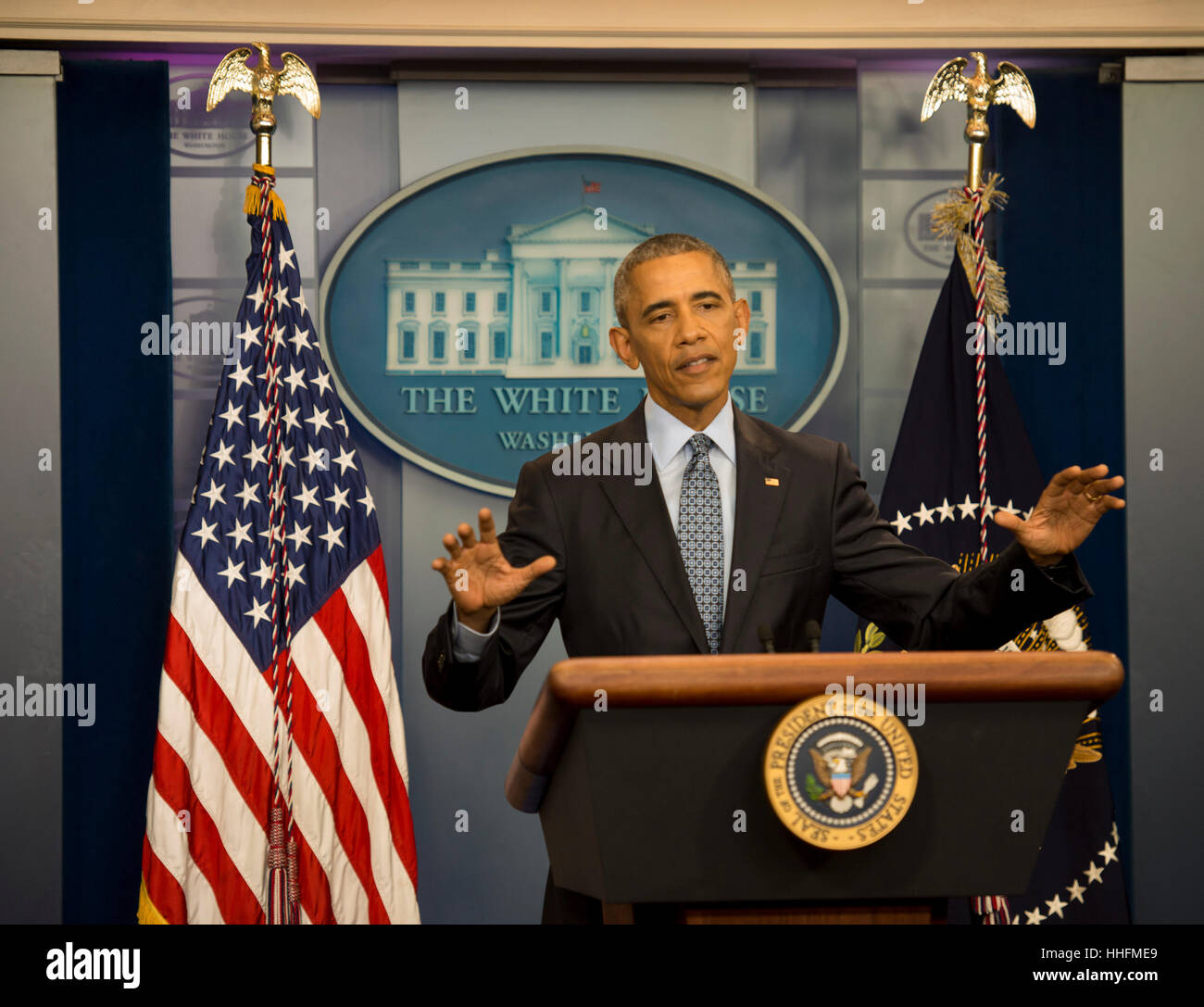 Washington, DC, USA. 18 janvier, 2017. Le président Barack Obama tient sa dernière conférence de presse officielle en tant que président. Parmi les choses qu'il a été sa décision de commuer Chelsea Manning, l' armée transgenres reconnu coupable de transmission des informations classifiées à Wikileaks. Credit : Patsy Lynch/media/Alamy Punch Live News Banque D'Images