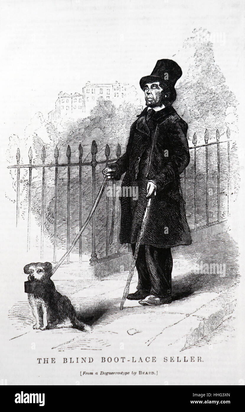 Illustration représentant un homme aveugle avec son chien. En date du 19e siècle Banque D'Images