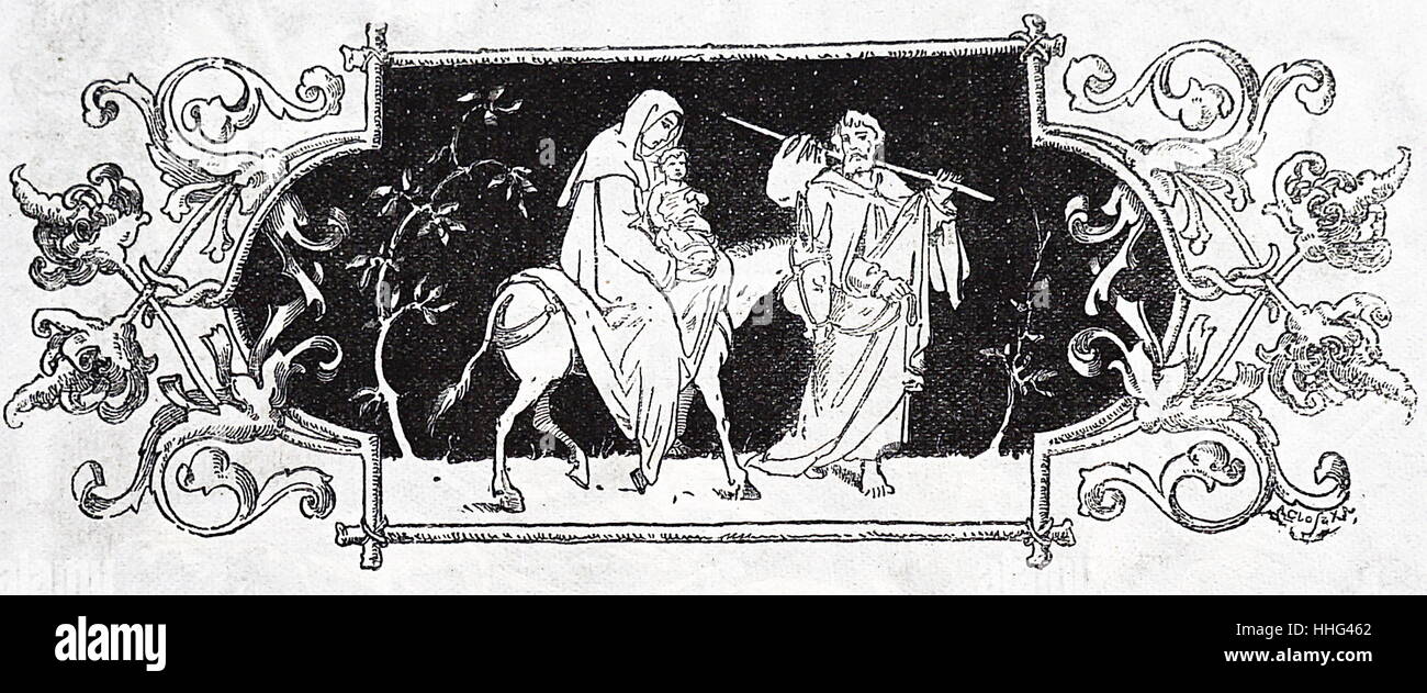 Illustration de Noël représentant la fuite en Égypte, la fuite en Egypte est un événement biblique décrit dans l'Évangile de Matthieu (Matthieu 2:13-23), dans laquelle Joseph s'enfuit en Égypte avec Marie et bébé Jésus après une visite de mages parce qu'ils ont appris que le roi Hérode avait l'intention de tuer les bébés de cette région. Banque D'Images
