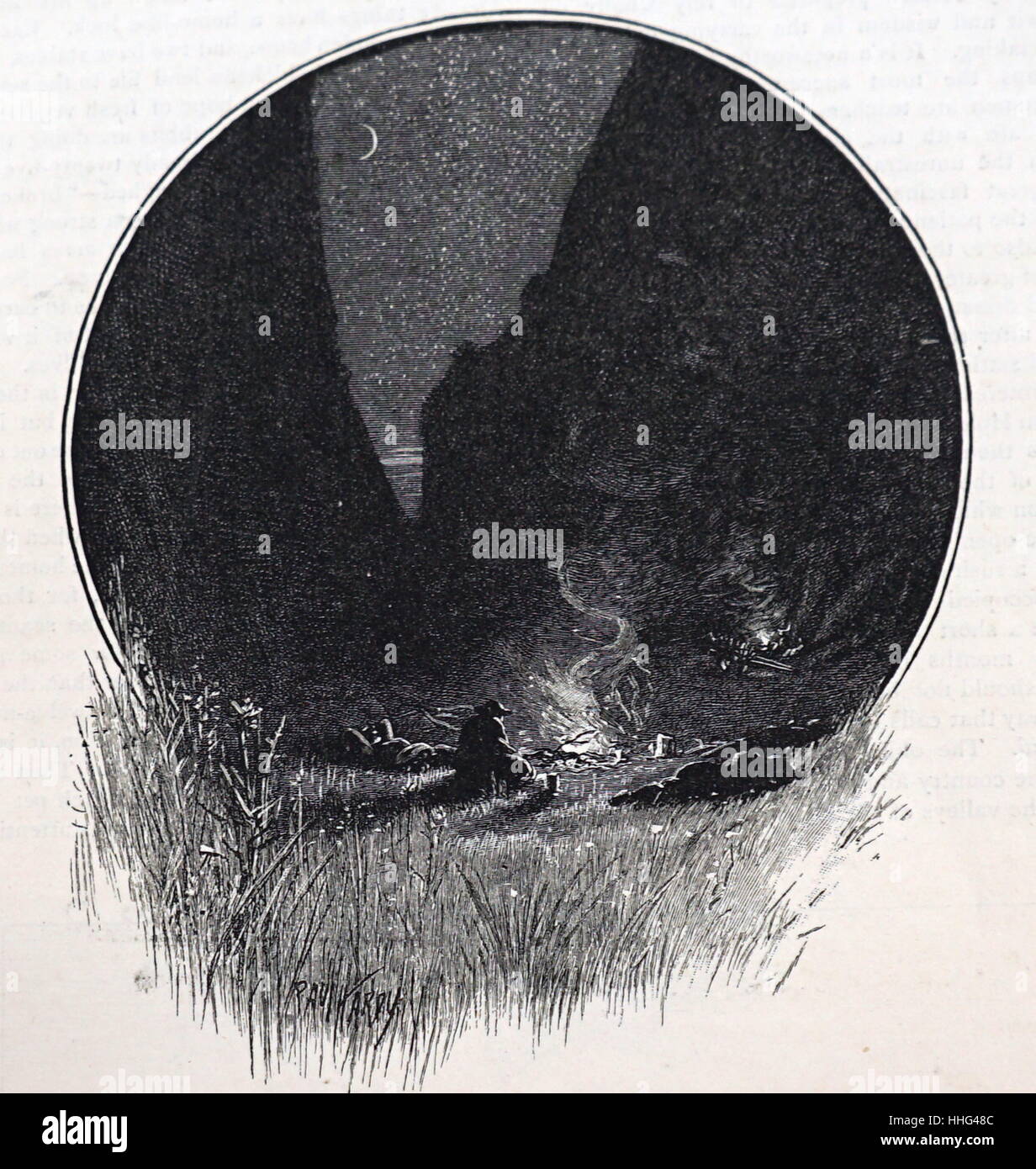 Gravure du xixe siècle représentant un feu de camp la nuit, American outback 1860 Banque D'Images