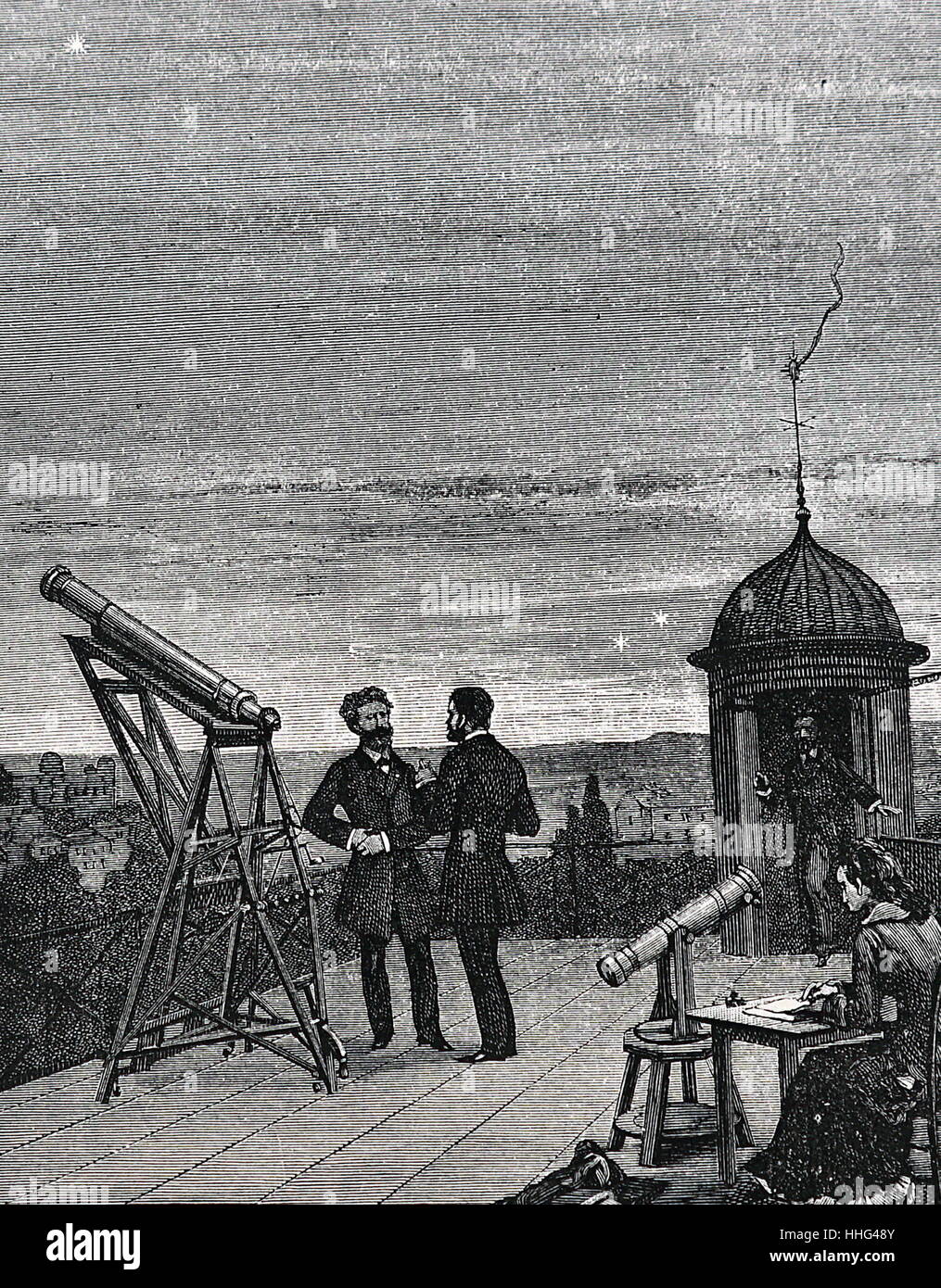 À l'aide d'une petite lunette d'observer Mercure, Vénus et Jupiter à partir du toit de l'Observatoire de Paris en 1868. Assistante (à droite), statuant qu'un enregistreur d'observations. Banque D'Images