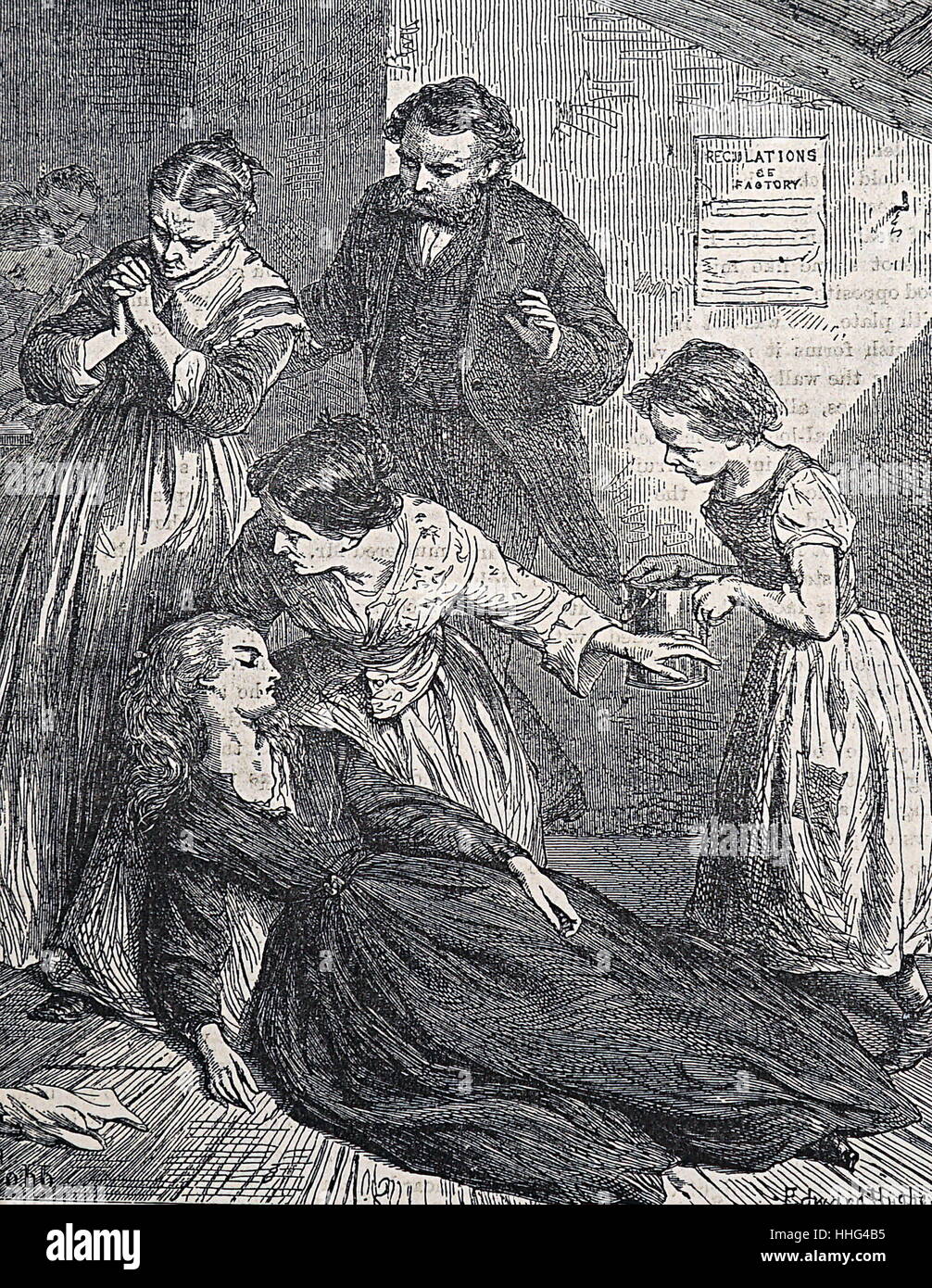 Femme dans un superviseur est de Londres fabrique de boutons ; évanouissement de mauvaise ventilation et la sous-alimentation. Illustration par Edward Hughes, 1890 Banque D'Images Femme dans un superviseur est de Londres fabrique de boutons ; évanouissement de mauvaise ventilation et la sous-alimentation. Illustration par Edward Hughes, 1890 Banque D'Images