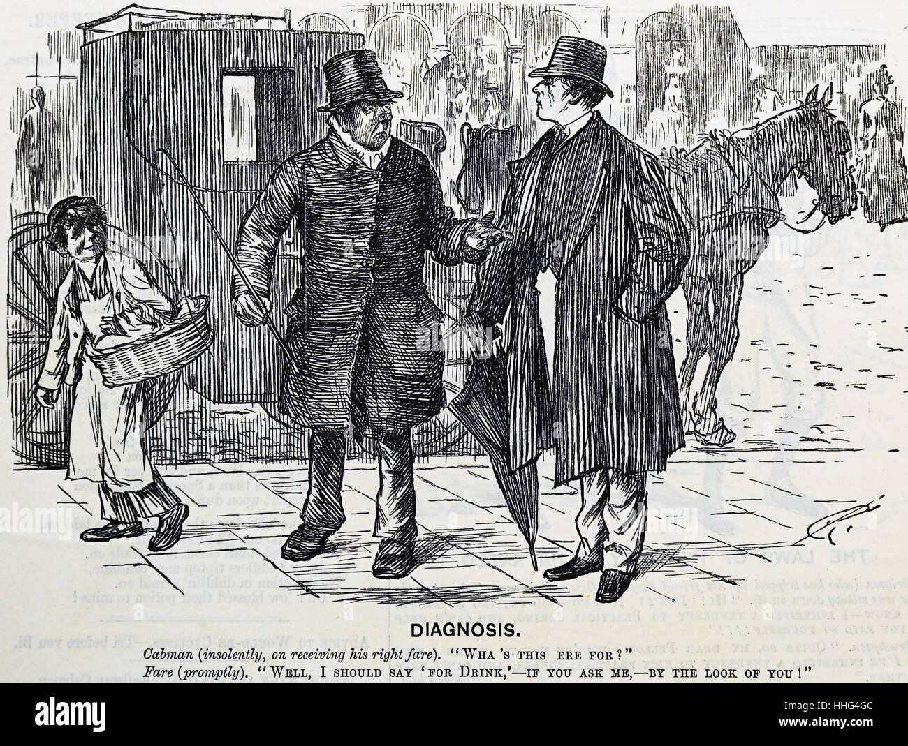 Caricature 1888 poinçon représentant une conversation entre un chauffeur de taxi bourru et son client. (Cocher avec insolence, sur la réception de son droit tarif), " Qu'est-ce que c'ere pour ? " Client (rapidement), "Eh bien, je devrais dire 'pour boire, par l'apparence de vous !" Banque D'Images