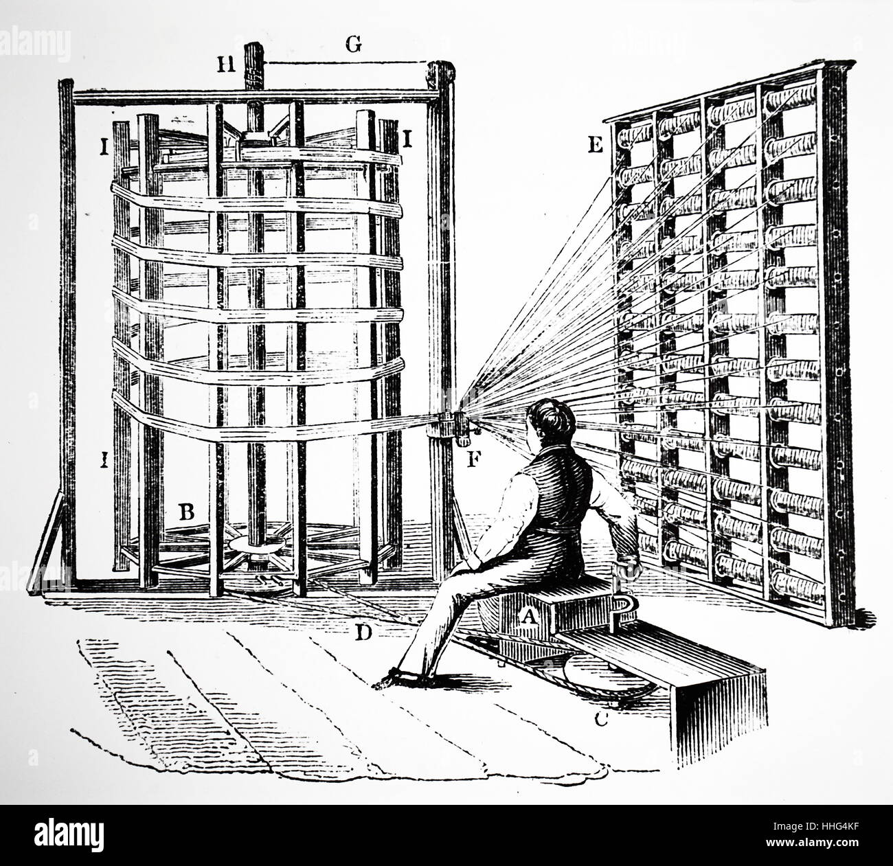 En tirant les fils de chaîne sur une déformation du châssis. De George Dodd la fabrique textile de Grande-Bretagne, Londres, 1844. Banque D'Images