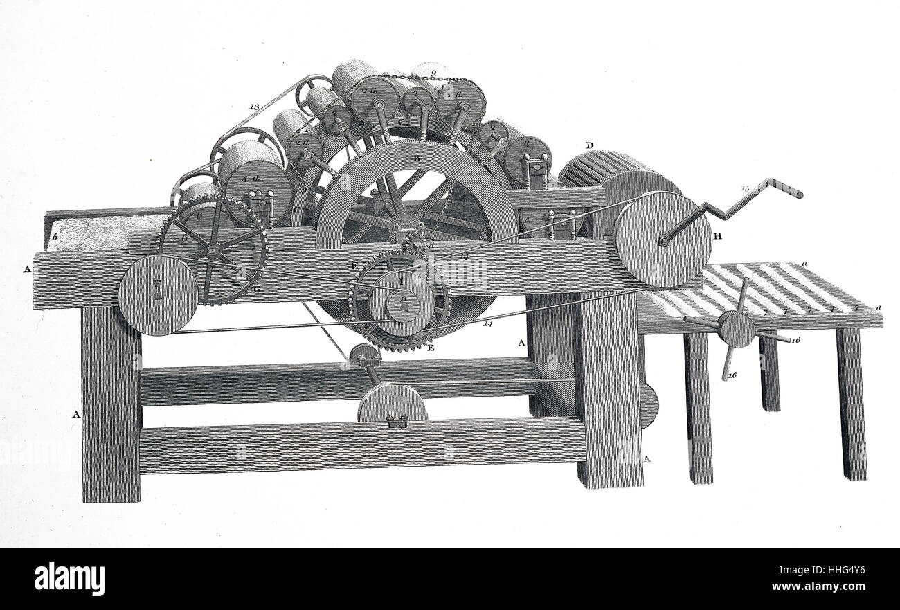 Gravure technique (vers 1830) montrant l'anglais, de l'équipement de fabrication de coton à l'aide de chaînes et de poulies Banque D'Images