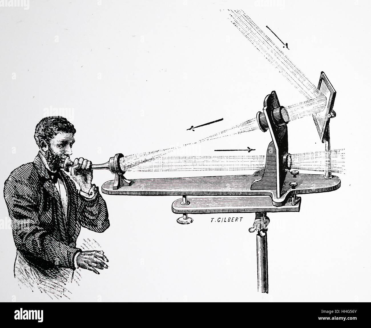 Émetteur de Bell's Photo Téléphone : vibrations de la membrane à la fin de l embout tube causé des impulsions de lumière pour être transmis au récepteur sensible à la lumière qui avait le sélénium. Londres, 1891 Banque D'Images