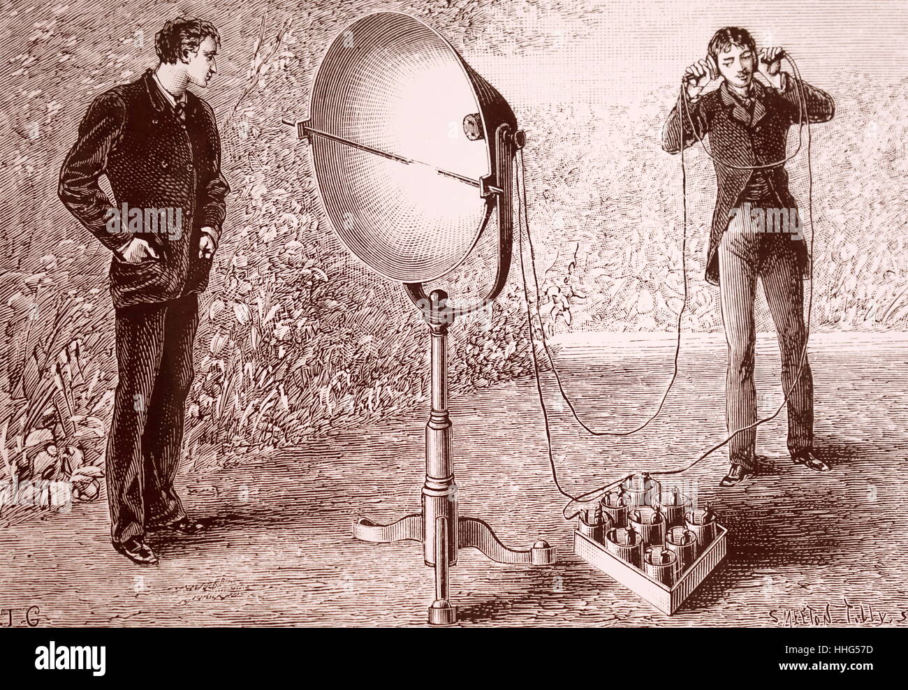 La photo d'Alexander Graham Bell téléphone. Les vibrations de la membrane de l'émetteur d'impulsions lumineuses causées à l'automne sur une cellule sélénium sensibles à la lumière. Datée 1891 Banque D'Images