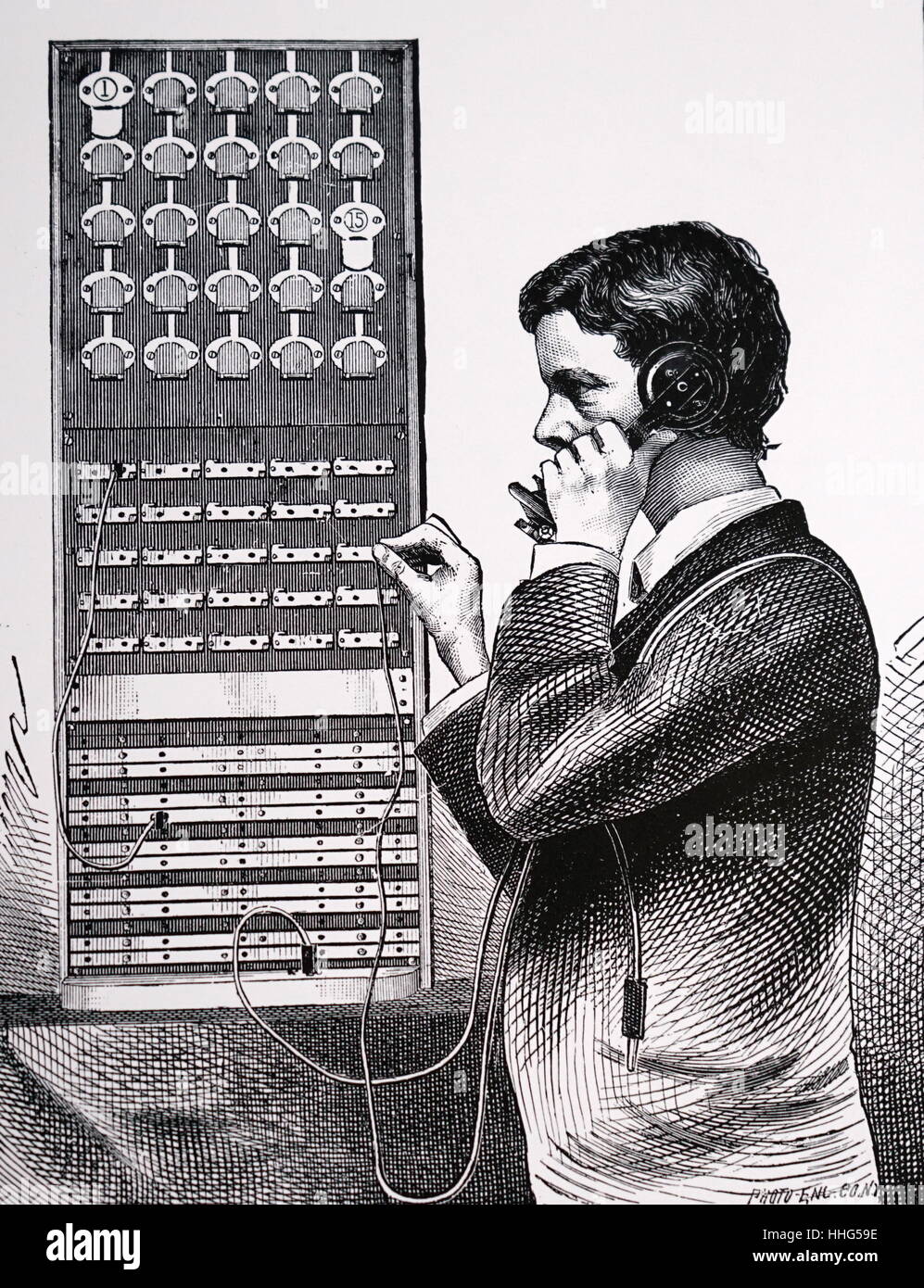 Aiguilleur de la connexion d'un appel sur le téléphone centrale change, 198 Broadway, New York. L'origine et l'or Stock Telegraph Company, il a ensuite été consolidé avec Bell dans la région métropolitaine telephone and telegraph company. Datée 1890 Banque D'Images