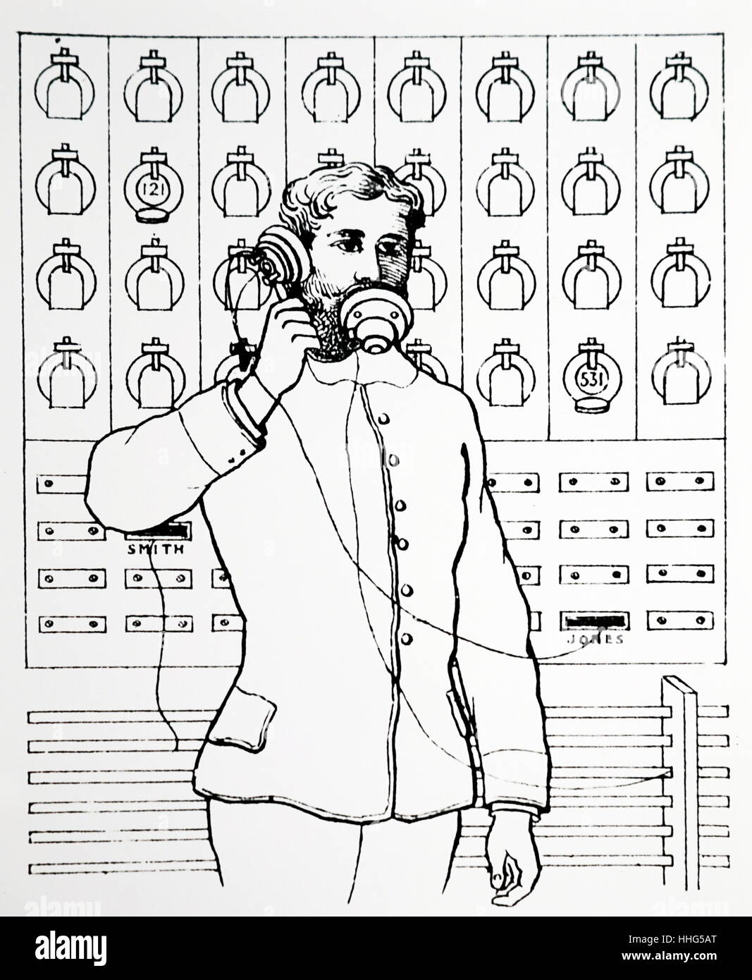 Montre homme commander un standard à un central téléphonique. Utilisé pour connecter deux appelants ensemble. Datée 1885 Banque D'Images