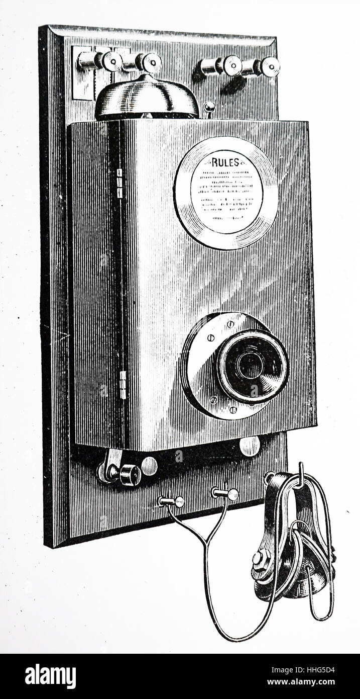 Sous forme de mur Phelp recto verso du téléphone utilisé par la compagnie de téléphone américaine. De GEORGE B. PRESCOTT. Le téléphone parlant, New York, 1879. Banque D'Images