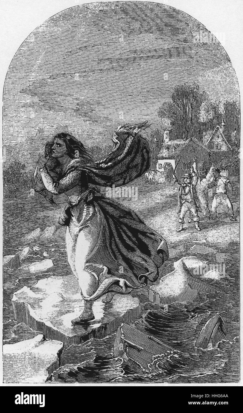 Harriet Beecher Stowe Uncle Tom's Cabin, publié pour la première fois 1852. montrant Eliza et son bébé s'échappant de Haley en exécutant l'ensemble de la demi-rivière gelée. Plus tard, ils ont échappé à la sécurité via le chemin de fer souterrain". Elisabeth Harriet Beecher Stowe était un abolitionniste américain et l'auteur. Elle est venue de la famille Beecher, une célèbre famille religieuse, et est surtout connu pour son roman l'Oncle Tom. Il dépeint la dure vie des Américains africains dans l'esclavage. Banque D'Images