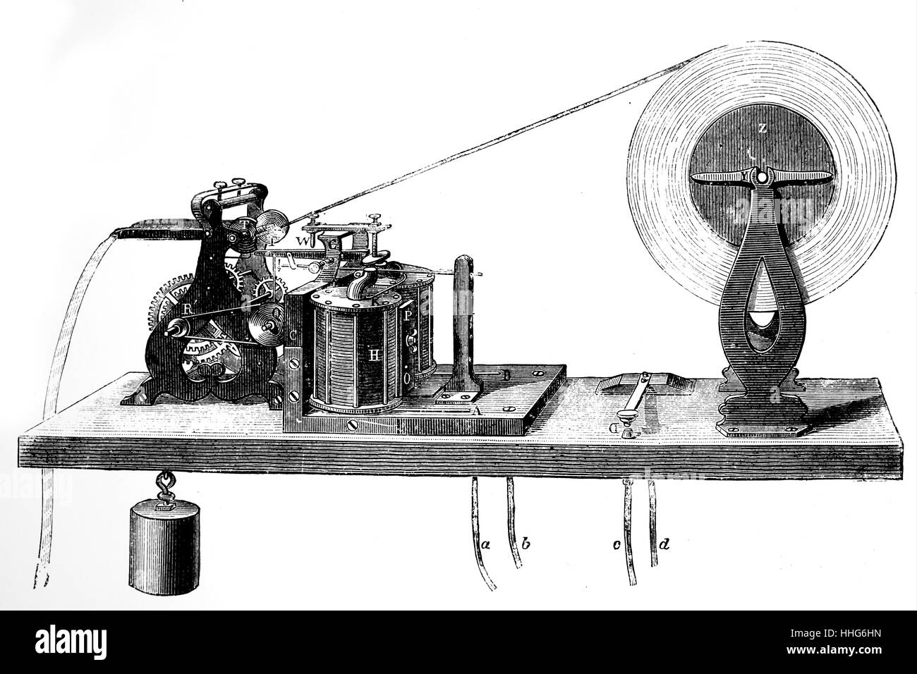 Impression Morse telegraph, montrant la transmission de clé et rouleau de papier attachés à l'instrument. Banque D'Images