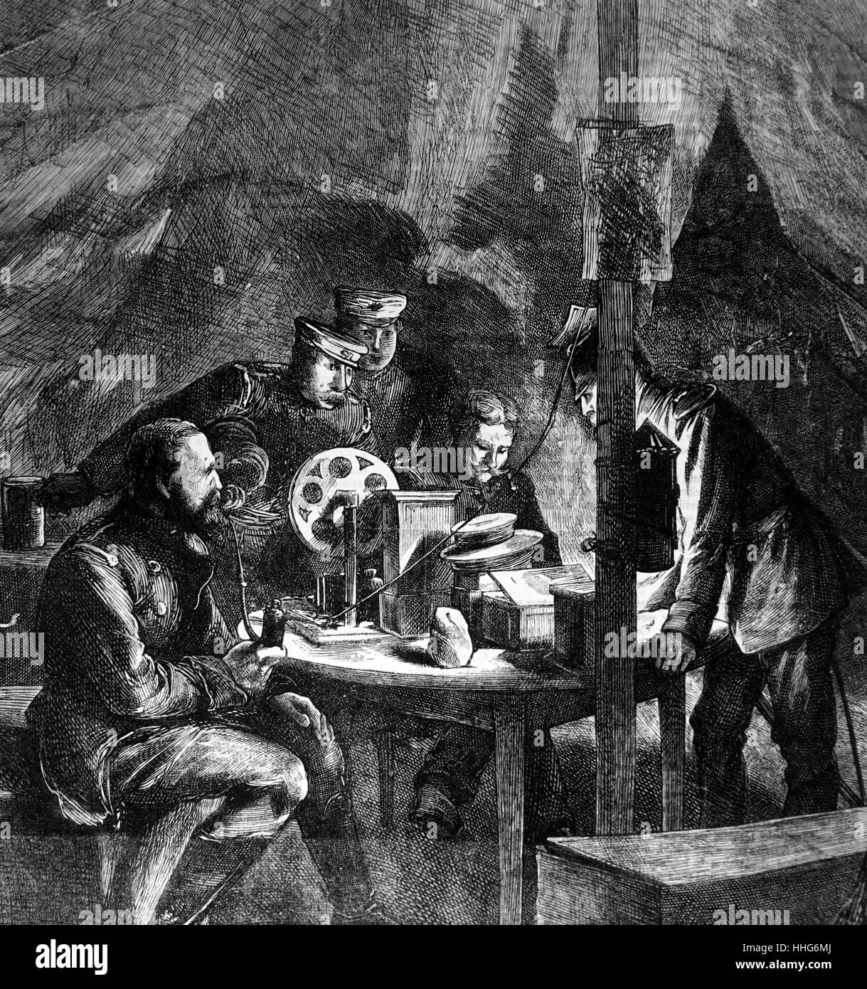 Prussiens à écouter le trafic télégraphique français ; guerre franco-prussienne. 1870. Banque D'Images