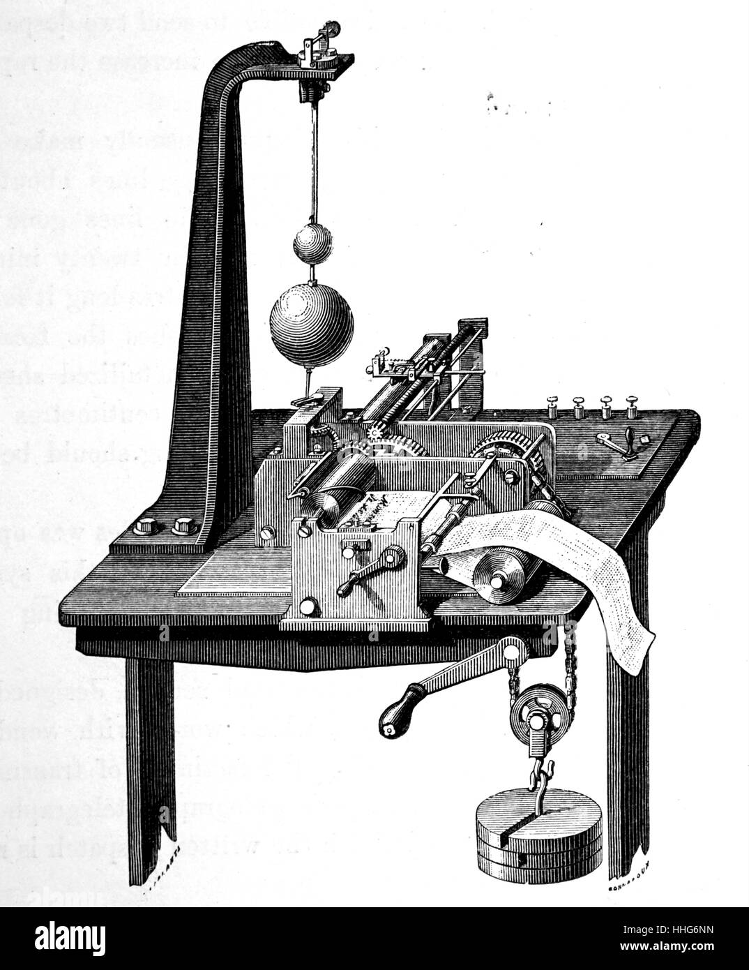 Meyer's telegraph autographic. L'image d'être envoyé a été écrit sur du papier métallisé avec encre isolante et placés autour d'un cylindre métallique. Un stylet métallique déplacé sur l'envoi d'un côté à l'autre ; et que des contacts ont été pris et brisée par les impulsions d'encre ; ont été envoyés à la station de réception où un deuxième stylet reproduit l'image sur papier imprégné de cyanure de potassium Ferro. 1874. Banque D'Images