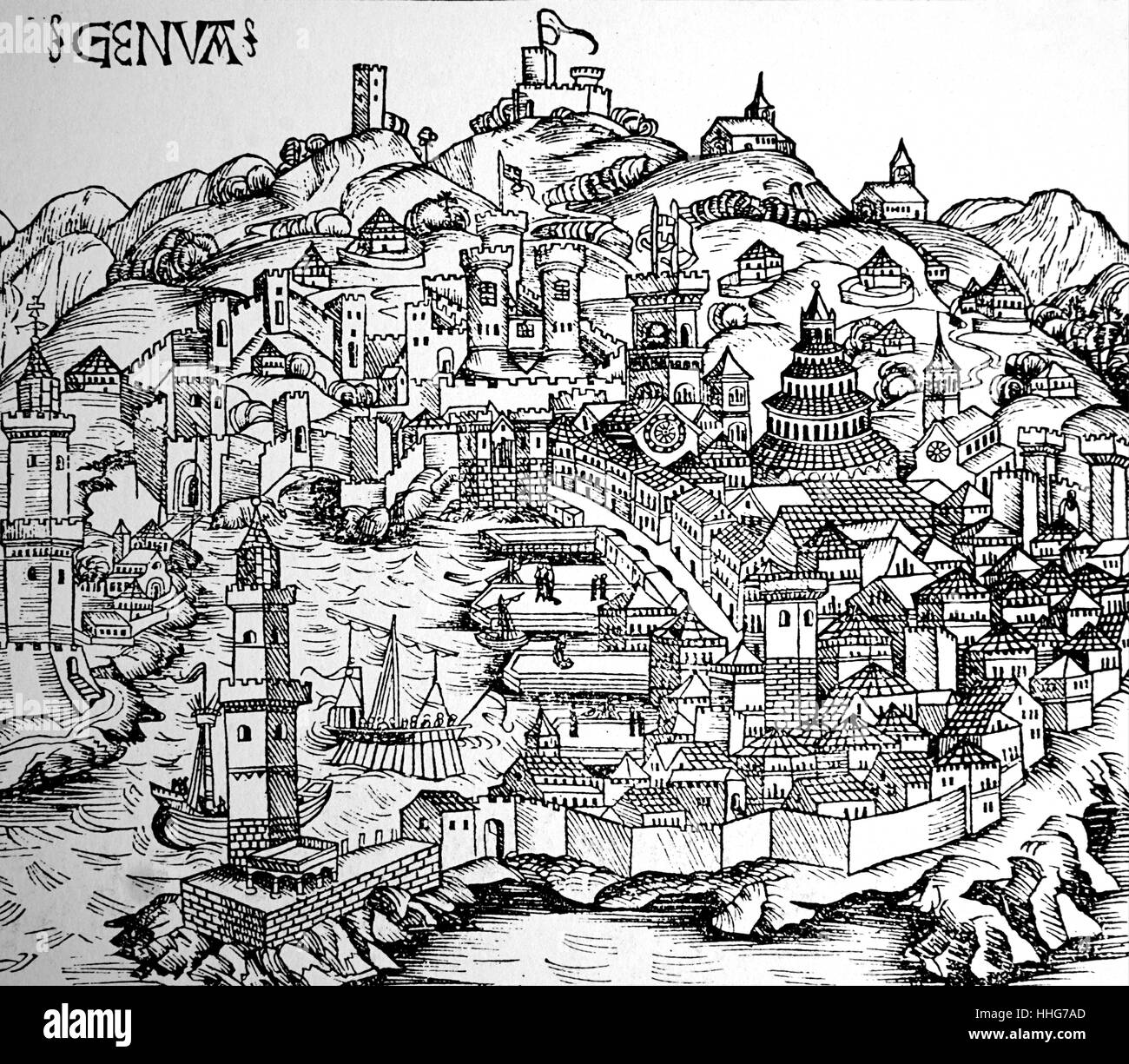 Illustration représentant un aperçu de Genève ; montrant une cuisine et un voilier dans le port ; jetées et entrepôts à quai pour l'entreposage des marchandises déchargées de bateaux commerciaux. En date du 15e siècle Banque D'Images
