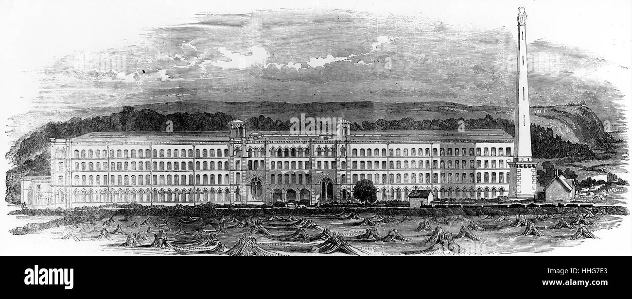 Illustration représentant le Saltaire ; modèle usine de textile fondée par Titus Salt (1803-1876) un fabricant britannique, homme politique et philanthrope à Bradford. En date du 19e siècle Banque D'Images