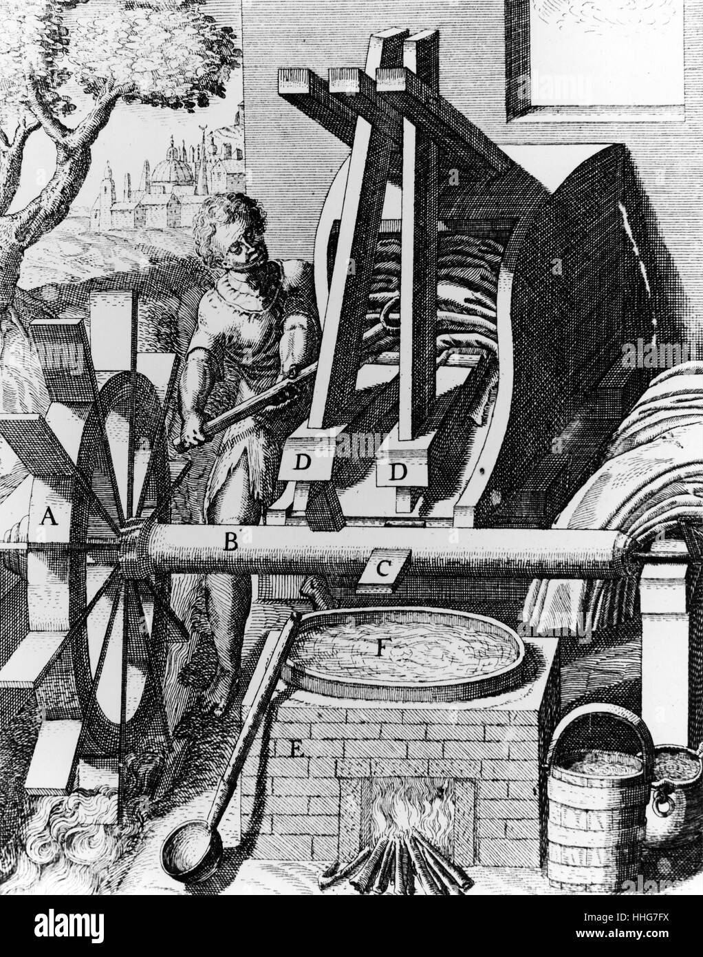 Illustration représentant une roue hydraulique de l'undershot alimentant un moulin à foulon en date du 17e siècle Banque D'Images