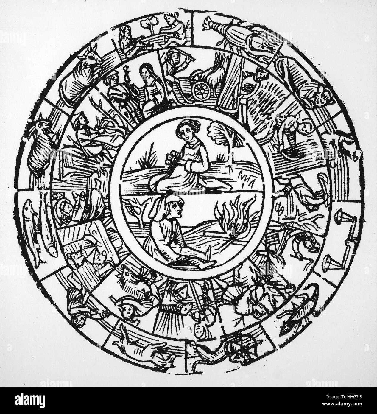 Gravure représentant une passoire du berger avec signes du zodiaque décoration de l'extérieur. En date du 15e siècle Banque D'Images