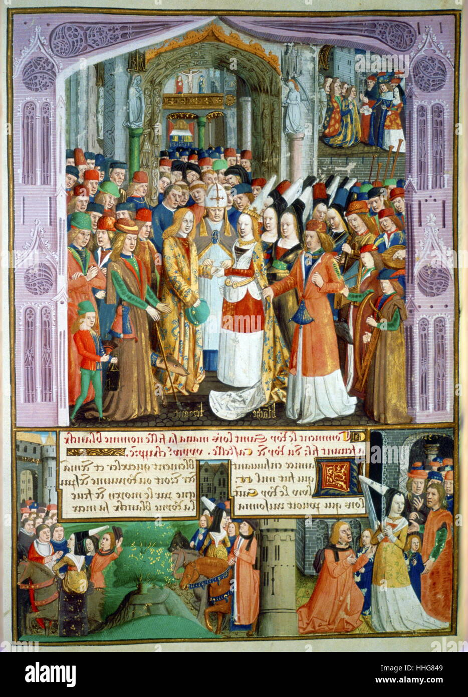 Blanche de France (1253-1323), fille du roi Louis IX de France épouse Ferdinand de la Cerda, Infante de Castille, fils aîné d'Alphonse X de Castille 1268 (14e C. ). Biblioteque Nationale, Paris. Grandes Chroniques de France. 1375-1380 manuscrit Banque D'Images