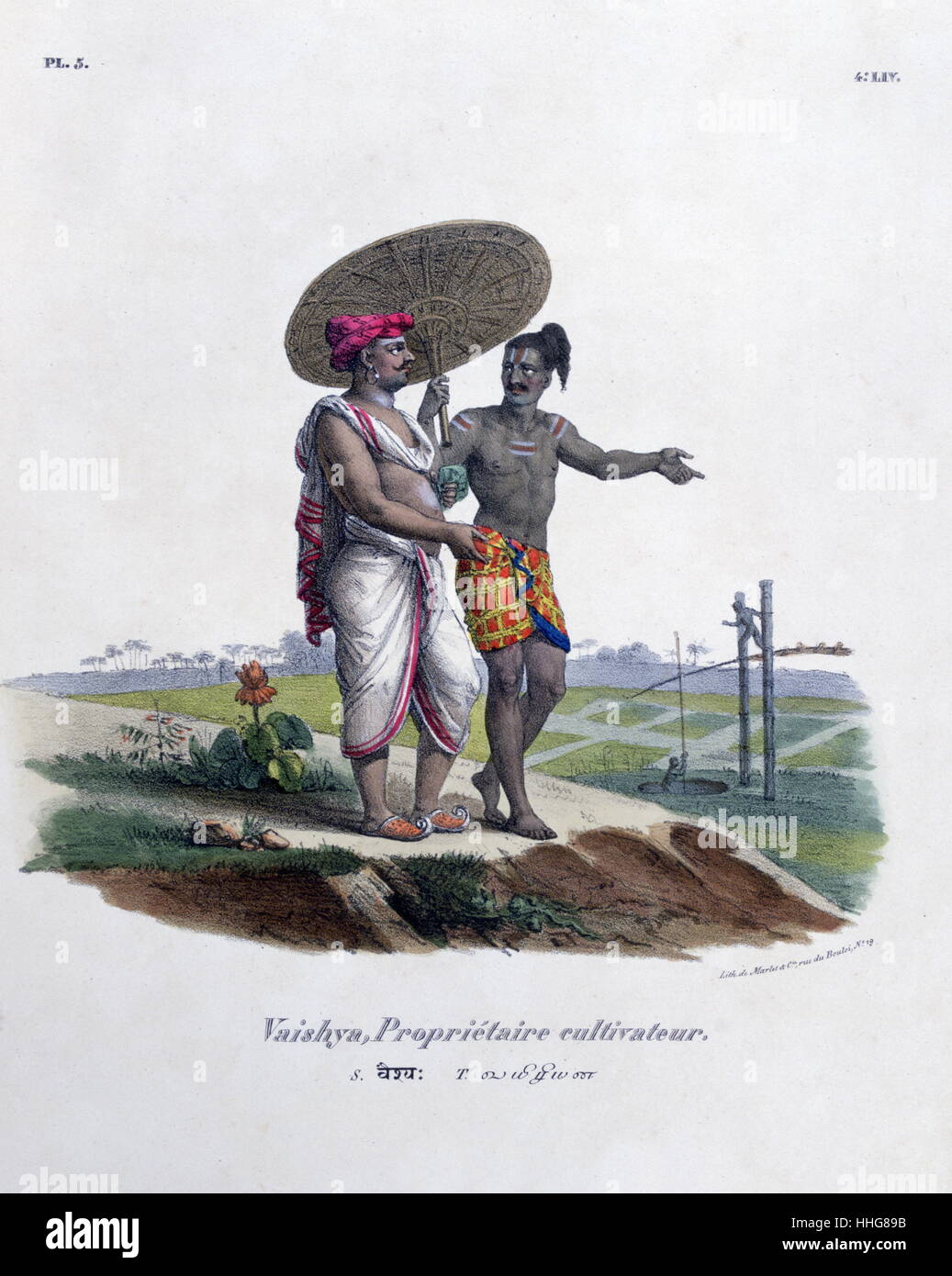 Lithographie en français de propriétaires fonciers dans la conversation, Rajasthan, Inde, par Marlet 1828 Banque D'Images